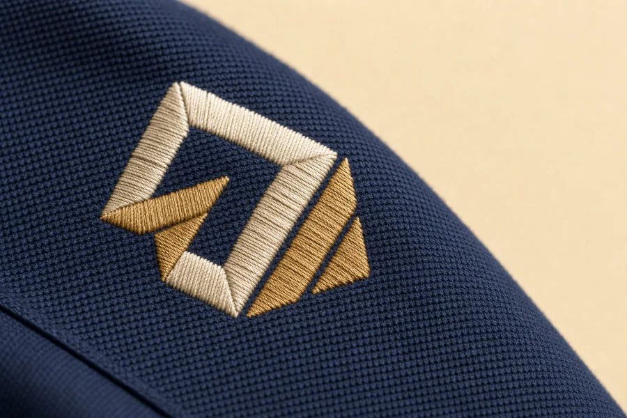 Close-up of raised satin-stitch embroidery on a navy pique polo