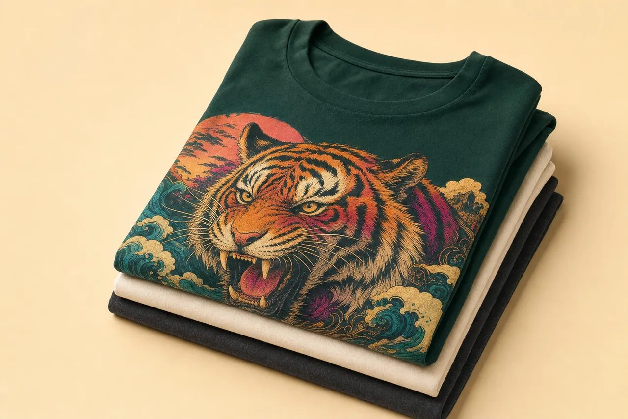 Folded stack of tees with a vivid full-color tiger print on the top forest-green shirt