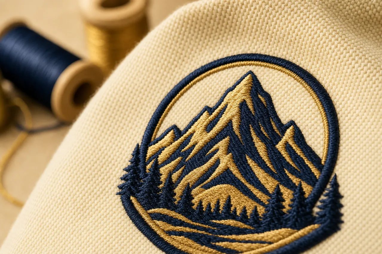 Dense satin-stitch mountain crest embroidered in navy and gold on cream pique fabric