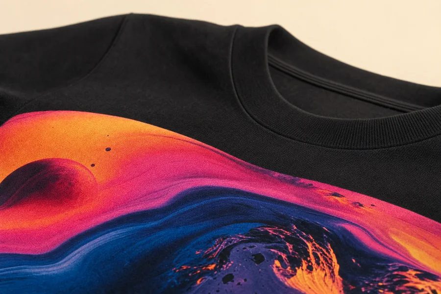 Macro close-up of a vivid full-color DTF print with smooth gradients on a black cotton t-shirt