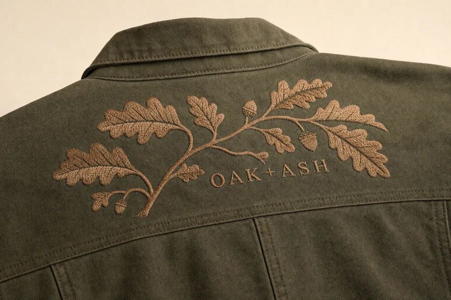 Oak + Ash · BACK YOKE, custom embroidery sample